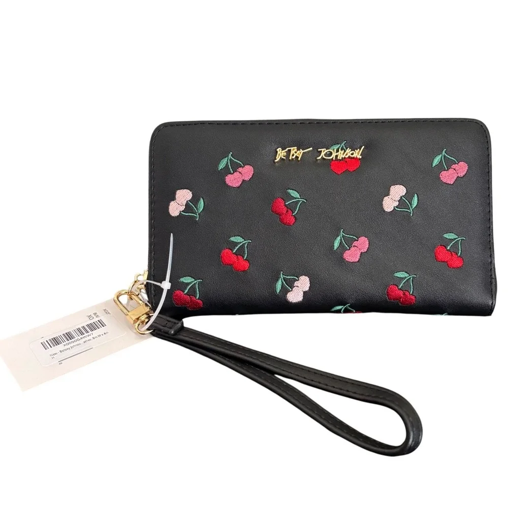 Betsey Johnson Cherry Embroidered Wallet, Black Faux Leather, NEW WITH TAGS